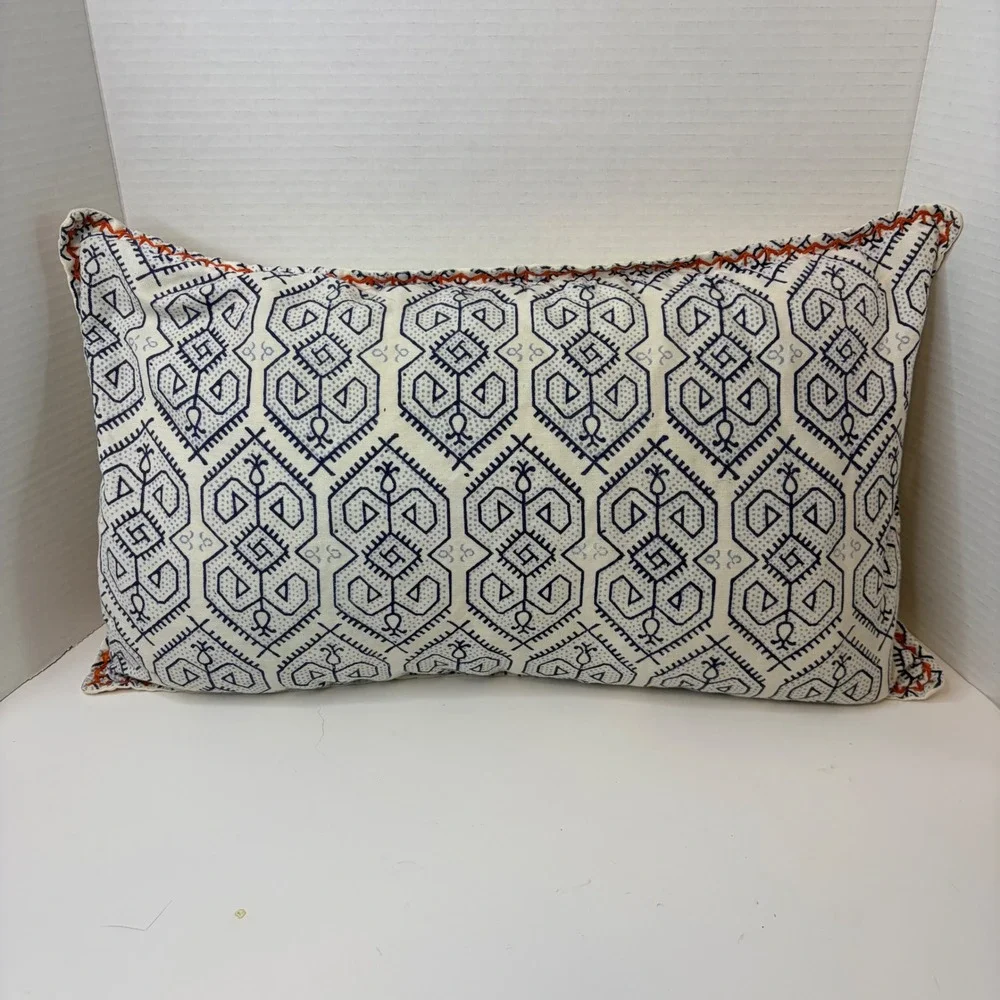 Serena & Lily Blue Geometric Block Print Lumbar Pillow Cover Orange Whipstitch